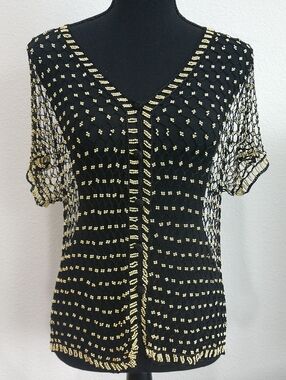 Black & Gold Beaded V-Neck Mesh Tunic Top